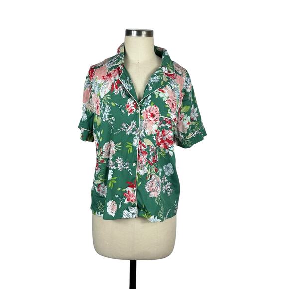 CUPCAKES & CASHMERE Green Floral Print Short Sleeve Pajama Top Women's Size L - Picture 1 of 5